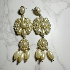 Vintage Large Faux Pearl Oval Gold Tone Statement Pierced Earrings Approx 10 In